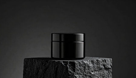 Glossy black cosmetic jar with black lid on a rough stone, dark background Clear details and vibrant colors e...の素材