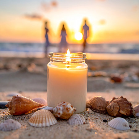 A lit candle in a glass jar sits on a beach with seashells and blurred figures at sunset.の素材