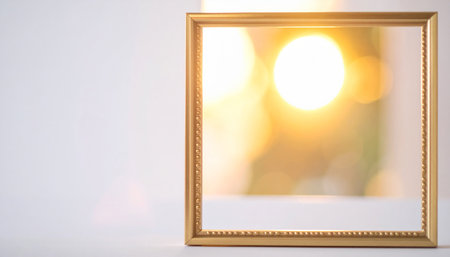 Empty golden picture frame on a white surface with blurred sunlit background Clear details and vibrant colors...の素材