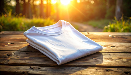 A folded white t-shirt lies on a weathered wooden table with a blurred sunny outdoor background.の素材