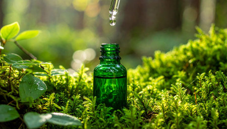 A green glass dropper bottle sits in lush forest moss as a drop of liquid falls. Clear details and vibrant co...の素材