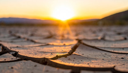Cracked dry earth under a golden sunset with sun rays breaking through the horizon.の素材