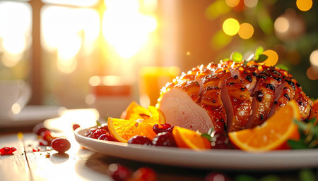 A festive glazed ham with oranges and cranberries illuminated by golden sunlight.の素材