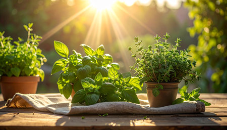 Potted herbs bask in bright sunbeams on a rustic wooden table with a linen cloth.の素材