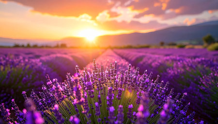 Purple lavender field in bloom at sunset with sun rays and clouds Clear details and vibrant colors enhance vi...の素材