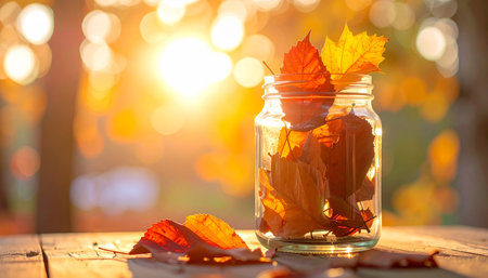 A glass jar holds autumn leaves, bathed in warm golden sunlight with a bokeh background.の素材