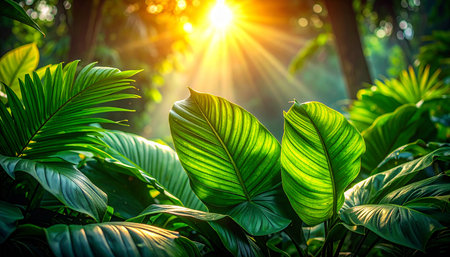 Close-up of vibrant green tropical leaves with sunlight streaming through the jungle canopyの素材