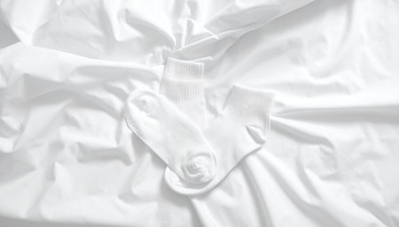 Image showing pair of white cotton socks lying on wrinkled white bed sheets keywords: socks, white socks,...の素材