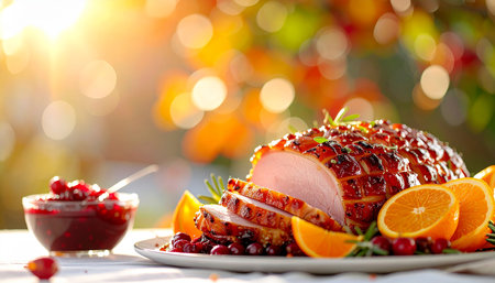 Sliced glazed ham with cranberry sauce and oranges in outdoor sunlight. Clear details and vibrant colors enha...の素材