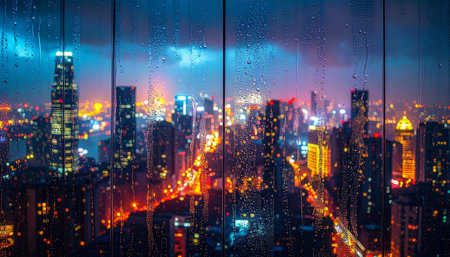 A city skyline at night seen through a window covered in rain droplets. Clear details and vibrant colors enha...の素材