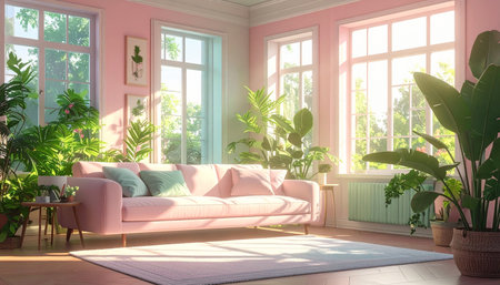 Sunlit pink living room with a pink sofa, numerous green houseplants, and large windows.の素材