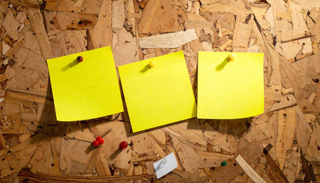 Three blank yellow sticky notes are pinned to a textured cork bulletin board with thumbtacks.の素材