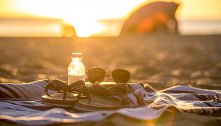 Sunglasses and flip flops on a towel with a water bottle, sunset beach scene Clear details and vibrant colors...の素材