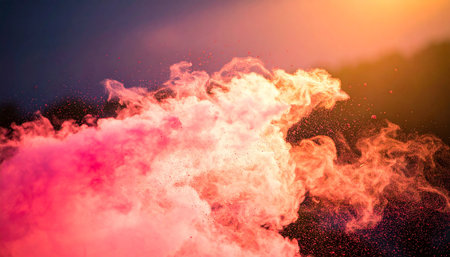 Pink and orange powder explodes with fine particles against a dark sky. Clear details and vibrant colors enha...の素材