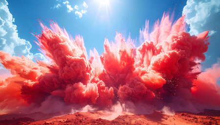 A vibrant red powder explosion bursts against a bright blue sky with fluffy white clouds.の素材
