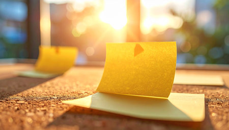 A yellow sticky note with a small orange triangle on a corkboard in bright sunlight.の素材