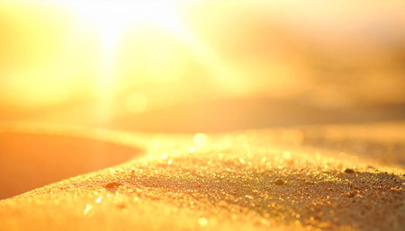 Close-up of sun-drenched sand with sparkling particles and soft bokeh Clear details and vibrant colors enhanc...の素材