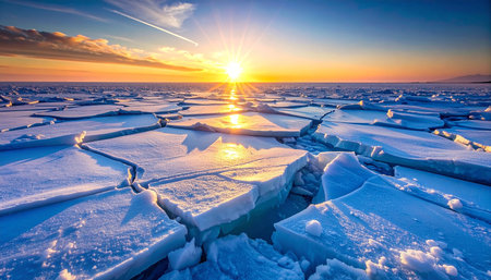 Cracked ice covers water at sunrise with a golden sun and bright sky. Clear details and vibrant colors enhanc...の素材