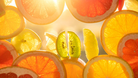 Translucent slices of citrus fruits and kiwi are backlit by bright sunlight. Clear details and vibrant colors...の素材