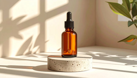 Amber dropper bottle with pipette on concrete pedestal with green plant leaves and dappled lightの素材