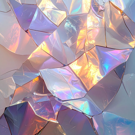Abstract iridescent crystalline surface with shimmering light reflections and geometric facets.の素材