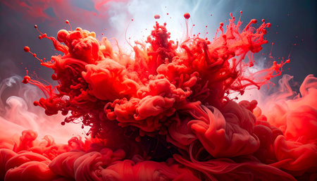 An abstract explosion of red ink creates swirling smoke against a darker, atmospheric background.の素材