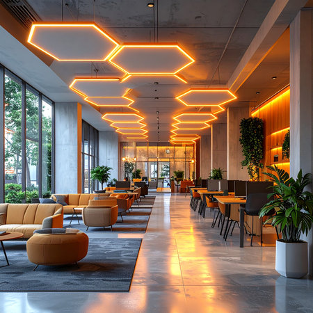 Bright office interior with orange sofas, hexagonal ceiling lights, desks, plants, and city view.の素材