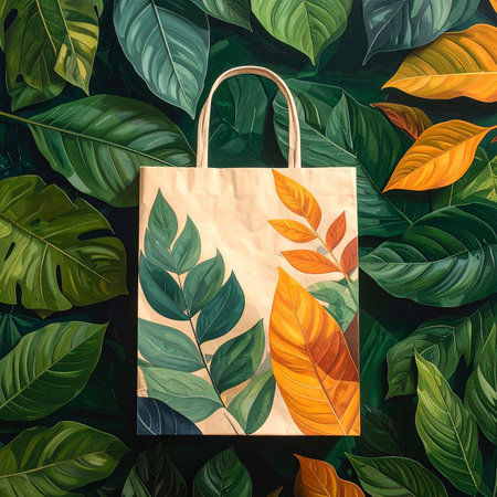 A beige paper shopping bag with leaf illustrations, surrounded by lush green foliage.の素材