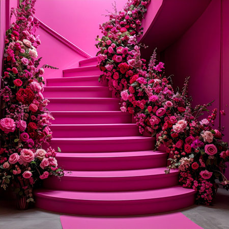 A bright pink staircase is covered in abundant, vibrant pink and red floral arrangements.の素材
