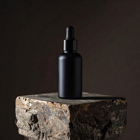 A black dropper bottle with a pipette cap sits on a textured stone block Clear details and vibrant colors enh...の素材