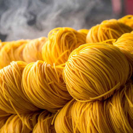 Close-up of steaming yellow pasta nests, with steam rising and a shallow depth of field.の素材