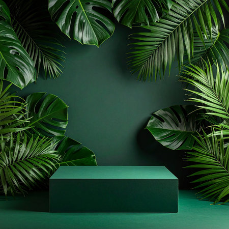 (268) showing dark green pedestal display surrounded by vibrant tropical jungle leaves and plants keywords:...の素材