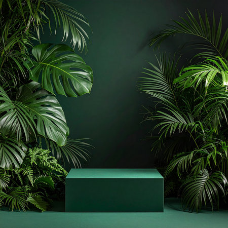 Leaves. showing dark green pedestal display stand amidst dense tropical jungle foliage and leaves keywords:...の素材