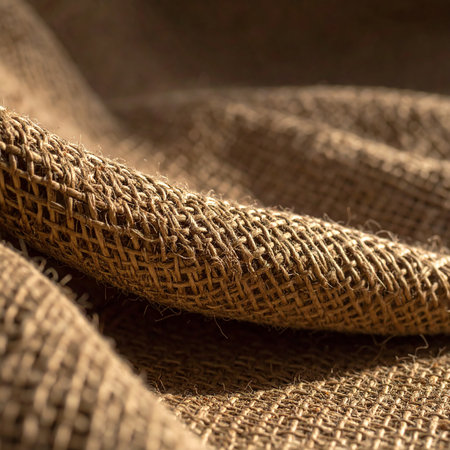Detailed macro shot of burlap fabric texture with prominent weave and natural light.の素材