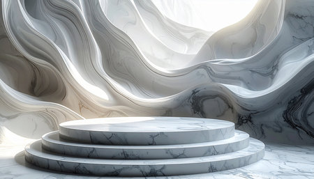 A marble pedestal stage with a flowing abstract marble background and soft lighting.の素材