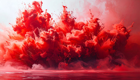 A dramatic burst of red ink in water creates a cloud with a reflective surface and fine mist.の素材