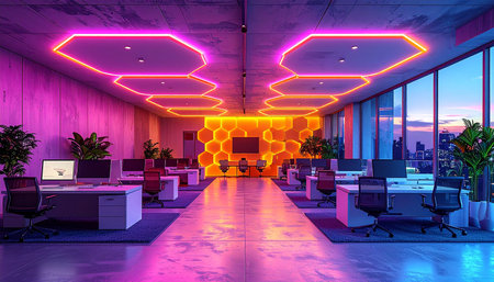 Futuristic office interior with neon lighting, honeycomb wall, desks, plants, and city view.の素材