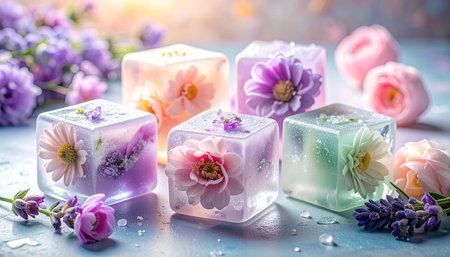 Cubes of ice with flowers frozen inside, surrounded by lavender and pink blossoms.の素材