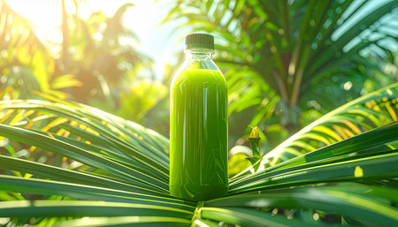 A clear bottle of green juice rests on vibrant palm fronds with sunlight filtering through.の素材