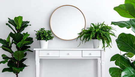 Styling showing minimalist entryway with a console table, round mirror and lush green plants keywords:...の素材