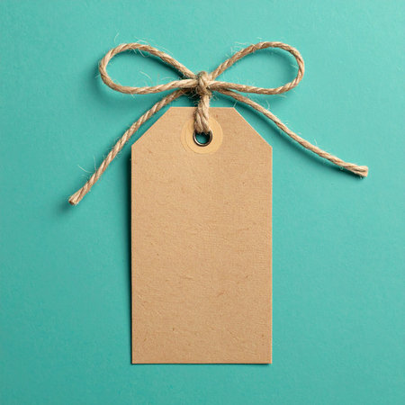 A kraft paper gift tag with a twine bow on a teal background. Clear details and vibrant colors enhance visual...の素材