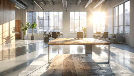 Industrial style office with wooden desks, concrete floor and large windows Clear details and vibrant colors ...の素材