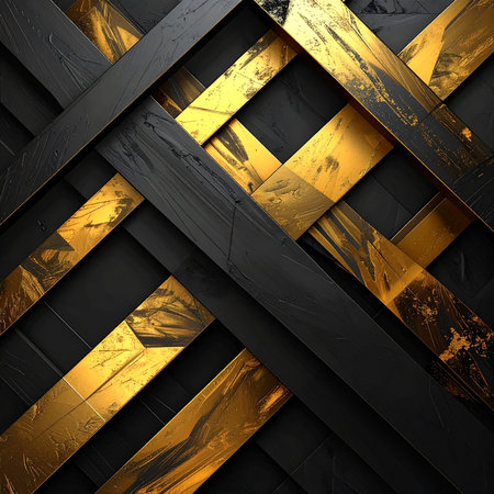 Interwoven abstract design of black and gold textured strips forming a geometric pattern.の素材