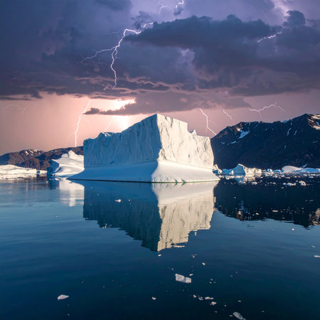 A large iceberg reflects in the water with mountains under a stormy sky. Clear details and vibrant colors enh...の素材