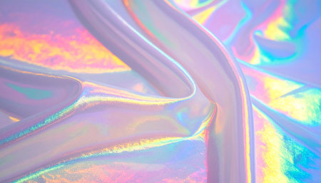 Close-up of flowing iridescent holographic fabric with rainbow light reflections and soft foldsの素材