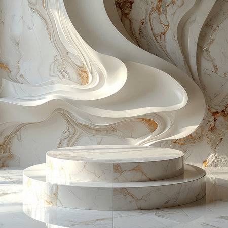 A white marble pedestal in front of a swirling abstract background with gold veins.の素材