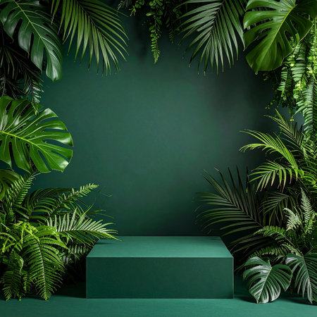 Studio showing lush green tropical foliage surrounds a dark green pedestal display stand keywords: tropical,...の素材