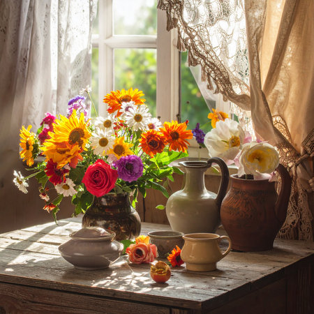 Mixed summer flowers in rustic vases and jugs on a wooden table by window Clear details and vibrant colors en...の素材