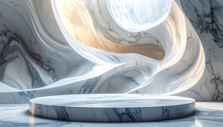 A minimalist marble pedestal set against a softly lit abstract marble backdrop. Clear details and vibrant col...の素材