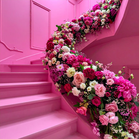 A pink staircase is adorned with a vibrant, lush garland of pink and red flowers.の素材